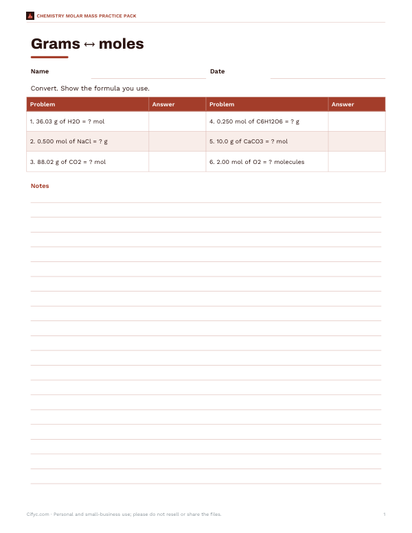 Preview of Printable Grams and Moles Worksheet